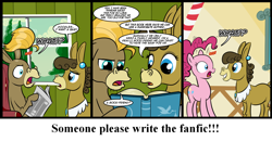 Size: 1500x779 | Tagged: safe, artist:madmax, cranky doodle donkey, matilda, pinkie pie, donkey, earth pony, pony, g4, book, comic, eye contact, female, looking at each other, male, mare, newspaper, ship:crankilda, shocked
