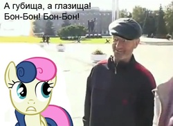 Size: 470x342 | Tagged: safe, bon bon, sweetie drops, earth pony, human, pony, g4, female, human male, irl, male, mare, meme, photo, ponies in real life, russian, translated in the comments, worried