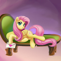Size: 900x900 | Tagged: safe, artist:mew, fluttershy, pegasus, pony, g4, couch, cute, female, heart, letter, mail, mare, on side, shyabetes, smiling, solo