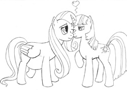 Size: 837x607 | Tagged: safe, artist:numerico, fluttershy, twilight sparkle, pegasus, pony, unicorn, g4, female, heart, lesbian, mare, monochrome, nuzzling, preggoshy, pregnant, ship:twishy, shipping, spoken heart, unicorn twilight