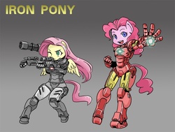 Size: 800x604 | Tagged: safe, artist:shepherd0821, fluttershy, pinkie pie, anthro, g4, ambiguous facial structure, duo, duo female, female, gradient background, iron man, parody, superhero, war machine, weapon