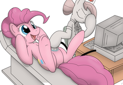 Size: 987x683 | Tagged: safe, artist:tg-0, nurse redheart, pinkie pie, earth pony, pony, g4, computer, crt, duo, duo female, facehoof, featureless crotch, female, happy, mare, on back, preggy pie, pregnant, ultrasound, underhoof