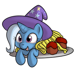 Size: 1600x1600 | Tagged: safe, artist:kloudmutt, trixie, pony, unicorn, g4, clothes, cute, diatrixes, female, food, hat, mare, meatball, pasta, prone, simple background, smiling, solo, spaghetti, trixie's hat, white background