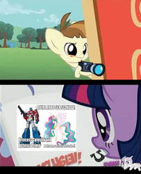 Size: 1256x1550 | Tagged: safe, edit, edited screencap, screencap, featherweight, princess celestia, twilight sparkle, alicorn, pegasus, pony, unicorn, g4, ponyville confidential, camera, colt, female, hub logo, male, mare, newspaper, optilestia, optimus prime, transformers, written equestrian