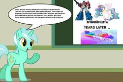 Size: 886x588 | Tagged: safe, lyra heartstrings, princess celestia, pony, unicorn, g4, chalkboard, female, human studies101 with lyra, lyra got it right, mare, meme, optilestia, optimus prime, robot unicorn attack, transformers