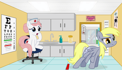 Size: 6000x3422 | Tagged: safe, artist:blackgryph0n, derpy hooves, nurse redheart, earth pony, pegasus, pony, g4, absurd resolution, concerned, duo, duo female, eye chart, eye exam, fail, female, hospital, mare, vector, worried