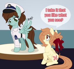 Size: 1461x1366 | Tagged: safe, artist:the-orator, oc, oc only, oc:anchors, oc:whirly willow, pegasus, pony, clothes, female, mare, navy, pomf, rule 63, uniform, wingboner