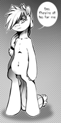 Size: 322x642 | Tagged: dead source, safe, artist:imalou, applejack, earth pony, pony, semi-anthro, cupcakes manga, g4, abstract background, female, hair over one eye, monochrome, solo