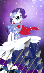 Size: 732x1200 | Tagged: safe, artist:pixelkitties, rarity, pony, unicorn, g4, armor, armorarity, army, cape, cliff, clothes, female, fire ruby, frown, gem, glare, laurel wreath, majestic, mare, ruby, snow, snowfall, snowflake, solo, spear, weapon, wreath