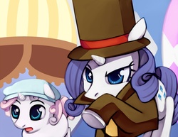 Size: 1100x850 | Tagged: safe, artist:negativefox, rarity, sweetie belle, pony, unicorn, g4, clothes, crossover, duo, duo female, female, filly, hat, hershel layton, luke triton, mare, parody, professor layton, raised hoof, top hat