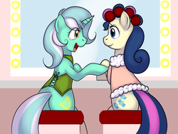 Size: 1920x1440 | Tagged: safe, artist:kloudmutt, bon bon, lyra heartstrings, sweetie drops, earth pony, pony, unicorn, g4, bipedal, clothes, corset, duo, eye contact, female, hair curlers, lesbian, looking at each other, mare, ship:lyrabon, shipping, sitting, smiling