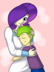 Size: 750x1000 | Tagged: safe, artist:kloudmutt, rarity, spike, human, g4, boob smothering, breasts, busty rarity, duo, female, hug, humanized, male, ship:sparity, shipping, size difference, smaller male, spikelove, straight