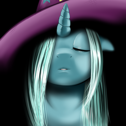 Size: 2000x2000 | Tagged: dead source, safe, artist:kloudmutt, trixie, pony, unicorn, g4, bust, clothes, eyes closed, female, floppy ears, front view, full face view, hair over one eye, hat, high res, kissing, mare, portrait, pov, solo, trixie's hat