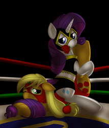 Size: 1260x1470 | Tagged: safe, artist:kloudmutt, applejack, rarity, earth pony, pony, unicorn, g4, duo, female, flower, flower in mouth, lesbian, luchador, mare, mask, mouth hold, rose, ship:rarijack, shipping, wrestling