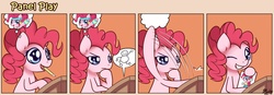 Size: 1400x489 | Tagged: safe, artist:solar-slash, pinkie pie, earth pony, pony, g4, comic, female, grin, mare, mouth hold, panel play, pencil, smiling, solo, thought bubble