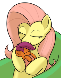 Size: 1400x1800 | Tagged: safe, artist:kloudmutt, fluttershy, scootaloo, pegasus, pony, g4, baby, baby pony, baby scootaloo, duo, duo female, eyes closed, female, fluttermom, foal, mare, scootalove