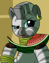 Size: 700x900 | Tagged: source needed, safe, artist:kloudmutt, zecora, pony, zebra, g4, eating, female, herbivore, mare, racism, solo, that's racist, watermelon, zebras as black people stereotype