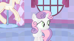 Size: 512x288 | Tagged: safe, screencap, rarity, sweetie belle, pony, unicorn, g4, season 1, stare master, animated, blinking, bucket, carousel boutique, cold opening, duo, duo female, female, filly, gem, gif, loop, mannequin, mare, perfect loop, running, yarn