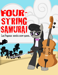 Size: 850x1100 | Tagged: safe, artist:sonic-chaos, applejack, fluttershy, octavia melody, pinkie pie, rainbow dash, rarity, twilight sparkle, earth pony, pegasus, pony, unicorn, semi-anthro, four string samurai, g4, cello, clothes, crossover, female, glasses, group, mane six, mare, musical instrument, silhouette, six string samurai, solo focus