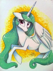 Size: 478x640 | Tagged: safe, artist:kawaiidogarts, princess celestia, alicorn, pony, g4, abstract background, cute, cutelestia, female, floppy ears, mare, solo, traditional art