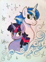 Size: 478x640 | Tagged: safe, artist:kawaiidogarts, shining armor, twilight sparkle, pony, unicorn, g4, brother and sister, cute, duo, female, male, mare, siblings, smiling, stallion, traditional art