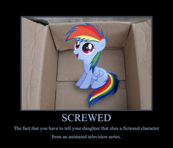 Size: 966x828 | Tagged: artist needed, source needed, safe, rainbow dash, pegasus, pony, fanfic:my little dashie, g4, black background, box, demotivational poster, female, filly, foal, meme, pony in a box, simple background, solo, vector