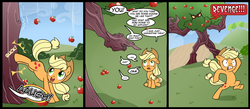 Size: 1500x656 | Tagged: safe, artist:madmax, applejack, earth pony, ent, pony, g4, aaugh!, apple, apple tree, applebucking, applejack mid tree-buck facing the right with 3 apples falling down, applejack mid tree-buck with 3 apples falling down, applejack's hat, bipedal, chase, comic, cowboy hat, dialogue, falling, female, food, hat, kicking, living object, mare, pointing, running, scared, stetson, tree