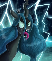 Size: 850x1000 | Tagged: safe, artist:terrac0tta, queen chrysalis, changeling, changeling queen, g4, angry, crown, crying, female, jewelry, lightning, regalia, solo