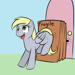 Size: 800x800 | Tagged: safe, artist:kloudmutt, derpy hooves, pegasus, pony, g4, door, female, fragile, mare, package, pushing, smiling, solo