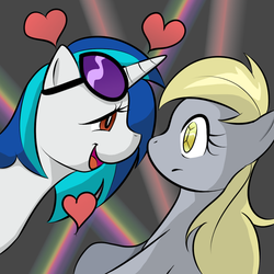 Size: 1000x1000 | Tagged: safe, artist:kloudmutt, derpy hooves, dj pon-3, vinyl scratch, pegasus, pony, twinkle eyed pony, unicorn, g4, abstract background, derpyscratch, duo, eye contact, female, lesbian, looking at each other, mare, shipping