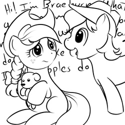 Size: 1000x1000 | Tagged: safe, artist:kloudmutt, applejack, braeburn, earth pony, pony, g4, braid, colt, duo, female, filly, foal, lineart, male, monochrome, sitting, teddy bear, younger