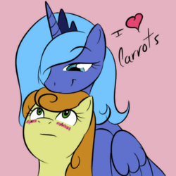 Size: 600x600 | Tagged: safe, artist:kloudmutt, carrot top, golden harvest, princess luna, alicorn, earth pony, pony, g4, blushing, duo, duo female, female, folded wings, heart, horn, lesbian, mare, neck nuzzle, nuzzling, s1 luna, ship:lunatop, shipping, simple background, smiling, wings