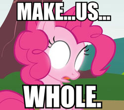 Size: 600x531 | Tagged: safe, edit, edited screencap, screencap, pinkie pie, earth pony, pony, g4, caption, cropped, dead space, female, glowing eyes, image macro, mare, meme, reaction image, solo