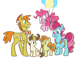 Size: 700x534 | Tagged: dead source, safe, artist:egophiliac, carrot cake, cup cake, pinkie pie, pound cake, pumpkin cake, earth pony, pegasus, pony, unicorn, slice of pony life, g4, apron, balloon, bow, brother and sister, cake family, cake twins, clothes, colt, cute, family, father and child, father and daughter, father and son, featured image, female, filly, floating, glare, hair bow, husband and wife, male, mare, mother and child, mother and daughter, mother and father, mother and son, no pupils, older, older pound cake, older pumpkin cake, open mouth, raised hoof, siblings, simple background, sitting, smiling, smirk, stallion, tail bow, the cakes, then watch her balloons lift her up to the sky, white background