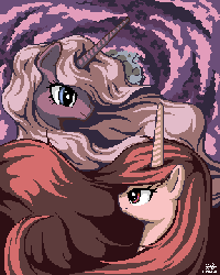 Size: 576x720 | Tagged: source needed, useless source url, safe, artist:pix3m, oc, oc only, pony, unicorn, abstract background, bust, duo, duo female, female, gif, head, horn, limited palette, long mane, looking at each other, mare, non-animated gif, pixel art, unicorn oc