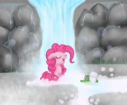 Size: 900x750 | Tagged: safe, artist:maplesunrise, gummy, pinkie pie, earth pony, pony, g4, female, floppy ears, mare, open mouth, sitting, smiling, water, waterfall