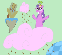 Size: 800x700 | Tagged: safe, artist:putuk, discord, screwball, earth pony, pony, g4, chaos, chocolate, chocolate rain, cloud, discorded landscape, female, food, green sky, grin, mare, rain, smiling, solo