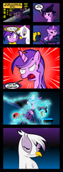 Size: 1137x3096 | Tagged: safe, artist:miroslav46, amethyst star, gilda, mare do well, sparkler, griffon, pony, unicorn, g4, the mysterious mare do well, background pony, comic, darkwing duck, duo, duo female, dweeb, female, food, glowing horn, horn, let's get dangerous, levitation, magic, magic aura, mare, parody, peanut butter, telekinesis, that pony sure loves peanut butter, unimpressed