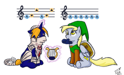 Size: 1131x681 | Tagged: safe, artist:kudalyn, derpy hooves, pegasus, pony, unicorn, g4, :t, aaaaaaaaaa, clothes, costume, crossover, duo, female, floppy ears, glare, levitation, link, magic, mare, mouth hold, musical instrument, nintendo, nose wrinkle, ocarina, ponified, sheik, simple background, sitting, smiling, song of storms, tail wrap, telekinesis, the legend of zelda, the legend of zelda: ocarina of time, unamused, white background