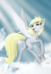 Size: 1692x2415 | Tagged: safe, artist:ardas91, derpy hooves, pegasus, pony, g4, cloud, female, flying, happy, lanky, looking back, mare, skinny, sky, solo, sunshine, tall, thin