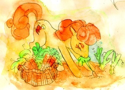 Size: 600x432 | Tagged: safe, artist:muura, carrot top, golden harvest, earth pony, pony, g4, carrot, female, gardening, mare, mouth hold, pulling, solo, traditional art, watercolor painting, working
