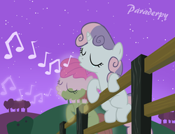 Size: 2600x2000 | Tagged: dead source, safe, artist:slitherpon, apple bloom, sweetie belle, earth pony, ghost, ghost pony, pony, unicorn, g4, crying, duo, duo female, eyes closed, feels, female, fence, filly, high res, implied death, music notes, night, sad, single tear, soul, spirit, tearjerker, whistling