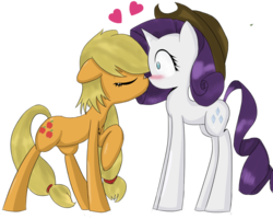 Size: 1245x998 | Tagged: safe, artist:prozenconns, applejack, rarity, earth pony, pony, unicorn, g4, blushing, eyes closed, female, heart, lesbian, mare, no pupils, raised hoof, ship:rarijack, shipping, simple background, surprised, transparent background