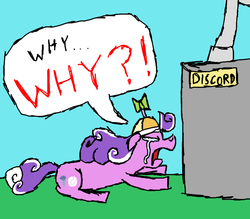 Size: 800x700 | Tagged: safe, artist:putuk, discord, screwball, draconequus, earth pony, pony, g4, season 2, crying, female, how did it come to this, male, mare, petrification, prone, sad, speech bubble, statue, stone, why