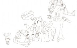 Size: 2122x1336 | Tagged: artist needed, safe, angel bunny, fluttershy, bird, pegasus, pony, g4, crossover, female, laserbeak, mare, monochrome, petting, ravage, transformers