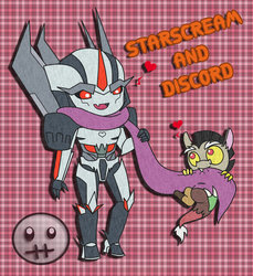 Size: 856x934 | Tagged: artist needed, safe, discord, draconequus, g4, baby, crossover, duo, male, starscream, transformers