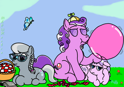 Size: 1280x896 | Tagged: safe, artist:puffydearlysmith, diamond tiara, screwball, silver spoon, butterfly, earth pony, pony, g4, annoyed, blowing bubblegum, book, braid, braided ponytail, bubblegum, female, filly, floppy ears, flower, glasses, hat, headcanon, mare, picnic, picnic basket, ponytail, prone, propeller hat, reading, sisters, sitting