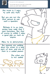 Size: 682x1000 | Tagged: safe, artist:weaver, oc, oc only, oc:ice pack, pony, zebra, ask ice pack, comic, joke, male, monty python, not salmon, peanut, pun, simple background, solo, stallion, the funniest joke in the world, tumblr, wat, white background