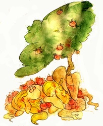 Size: 500x614 | Tagged: safe, artist:muura, applejack, earth pony, pony, g4, apple, female, mare, pile, resting, sleeping, solo, traditional art, tree, watercolor painting