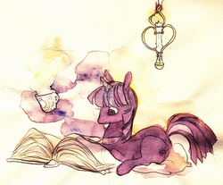 Size: 600x497 | Tagged: safe, artist:muura, twilight sparkle, pony, unicorn, g4, book, candle, female, mare, mug, pillow, prone, reading, solo, traditional art, watercolor painting